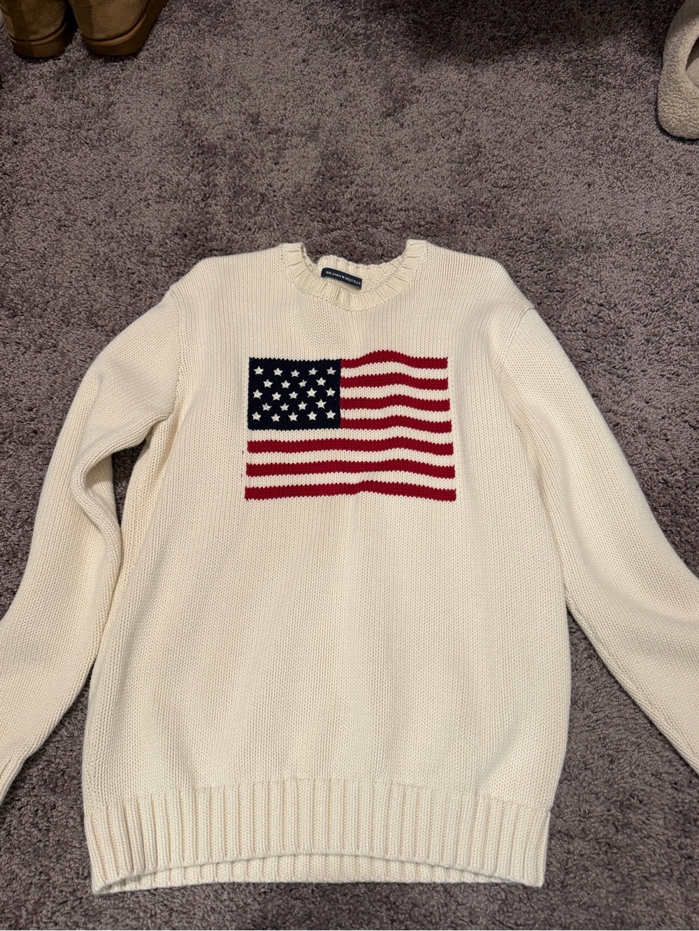 Brandy Melville Cream Crewneck Sweater with Red & Blue Flag Motif